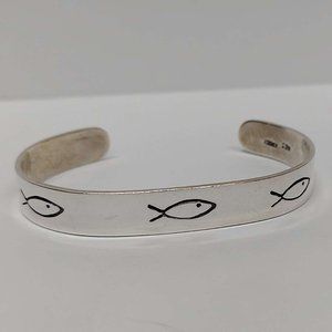 Sterling Silver 925 Cuff Bracelet with Religious Fish Motif, Handmade, Adjustabl